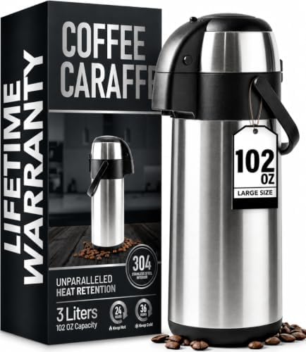 Coffee Carafe Insulated 102 OZ / 3L Stainless Steel Hot Beverage Dispenser, A...