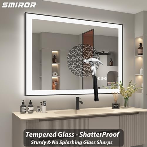 SMIROR 48x40 Black Framed LED Lighted Bathroom Vanity Mirror for Wall