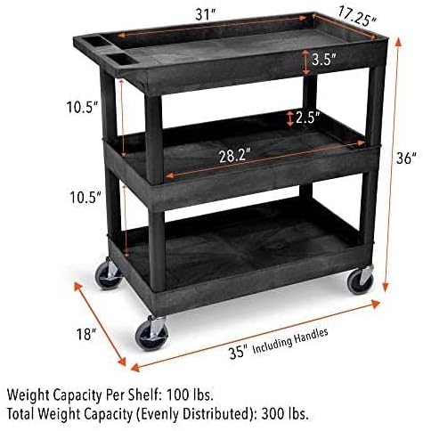 Tubstr 3-Tier Rolling Utility Cart with Wheels | Durable Tool Cart with Locki...