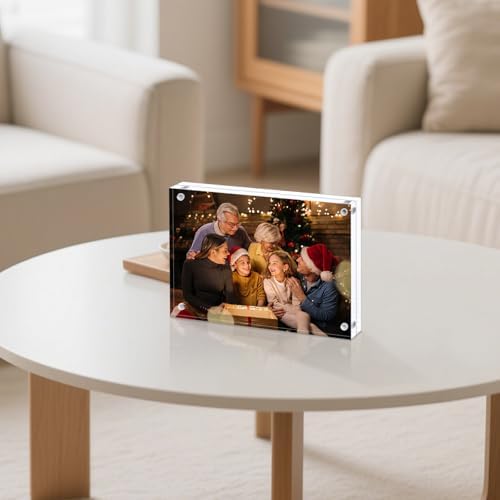 AMEITECH 4x6 Acrylic Picture Frame 5 Pack, Frameless Clear Photo Frames | Double Sided Floating Magnetic Frames, 20mm Thick, Free Standing Desktop Display for Postcards, Pictures and Artworks