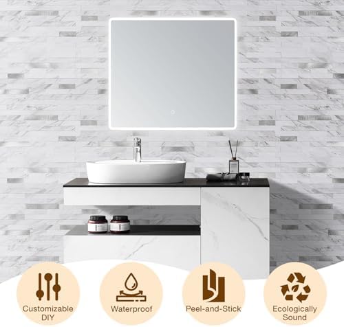 Peel and Stick Backsplash Tile Waterproof Removable PVC Wall Sticker 3D Faux Stone Marble Brick White Accent Panels (White Marble - Metal Silver, 20 Tiles - 9 sq. ft. (0.84 M²))