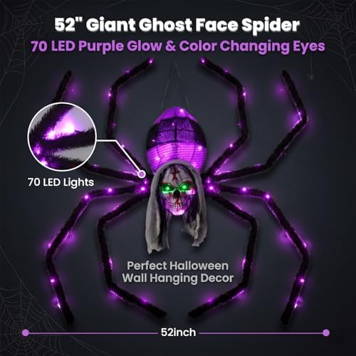 52" Halloween Giant Skull Face Spider, Lighted Outdoor Decoration with F...