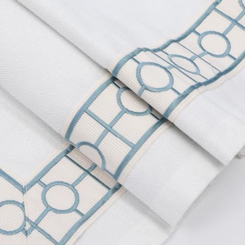 Cordless Roman Shades, Blackout Roman Shades, White Embroidered Blue Border Window Shades for Windows, Doors, Kitchen Windows