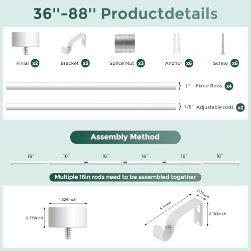 VOIIY White Curtain Rods for Windows 48 to 84 Inch(4-7 Feet),1" Diameter Drapery Rods with Modern Style End Cap Finials,Size:36-88 Inch