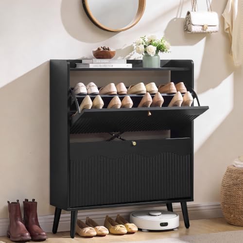 berrymerry 31.5” black fluted shoe cabinet storage with, view 9