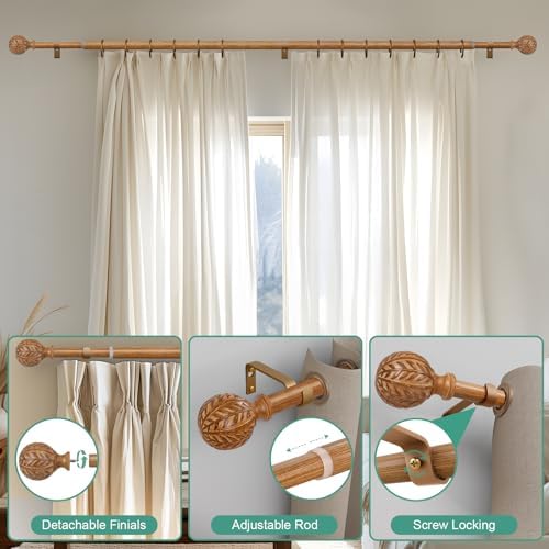 QDWIS 2 Pack Boho Wood Curtain Rods for Windows 48 to 84 inch,1" Adjustable Heavy Duty Window Curtain Rod with Imitation Wood Grain Finials,Rustic Decorative Drapery Rods Set 36-88'',Natural Wood