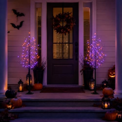 5FT LED Lighted Halloween Tree 2-Pack Orange and Purple Lights Dรฉcor