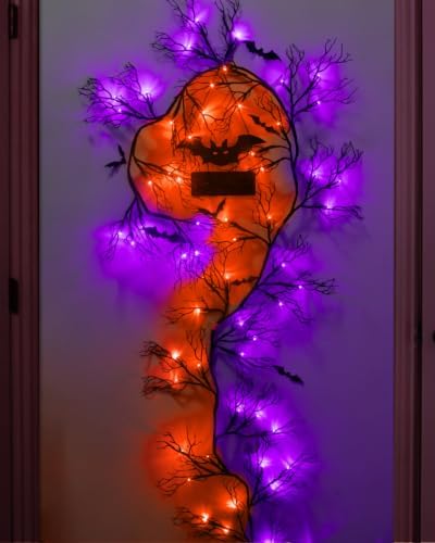 9 FT Halloween Twig Garland Decoration with 45 Purple and Orange LED Lights