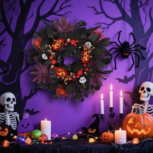 Halloween Wreath for Front Door, 24" Black Gothic Spooky Outdoor Dรฉcor