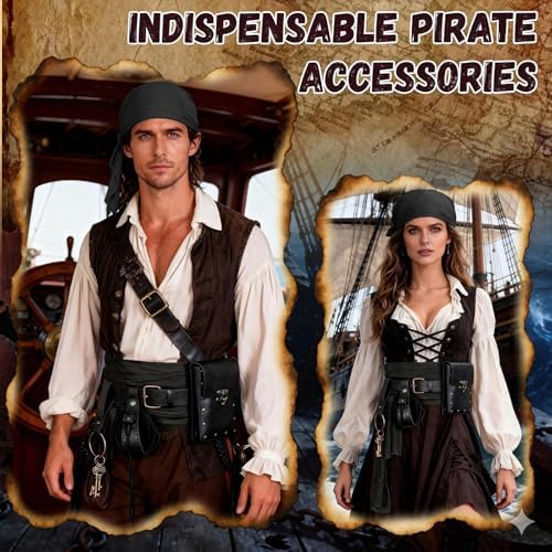 Renaissance Pirate Belt with Pouch Waist Bag, Pirate Head Scarf 6-Pack