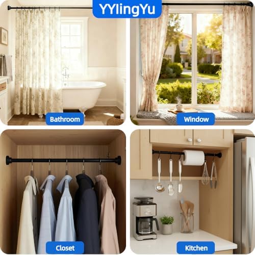 Black Shower Curtain Rod 24-40 Inch Integration Tension Curtain Rod, Load 44LBS No Splice 304 Stainless Steel Adjustable Spring Heavy Duty Tension Rods for Bathroom Windows No Drill Non Slip