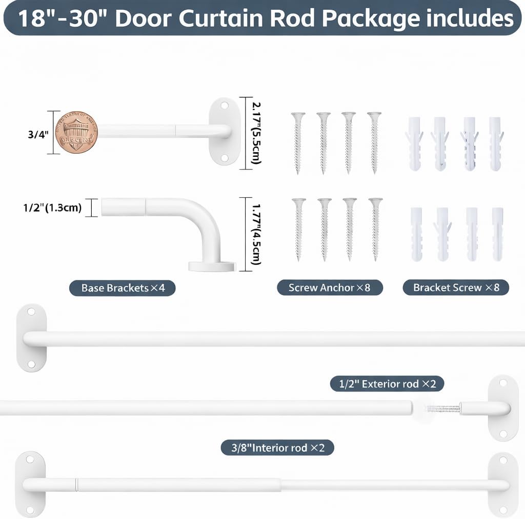 2 Pack French Door Curtain Rods, Screw-Mounted Sash Rods Adjustable 18–30 Inch, 3/8" Diameter Wrap Around Curtain Rods for Front Door Windows, White