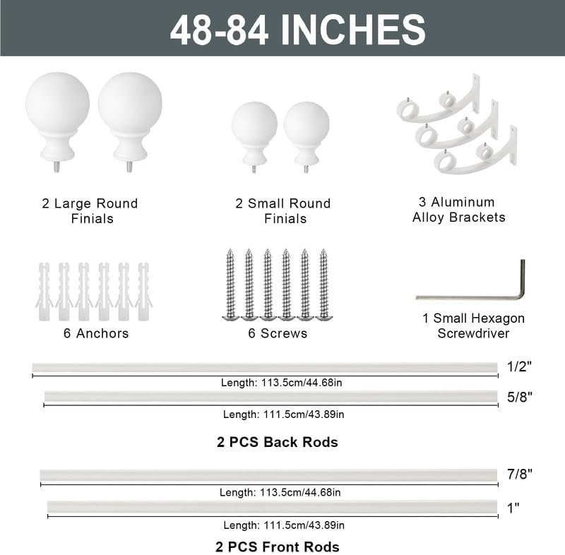 Matte White Double Curtain Rod 48 to 84 Inch - Decorative Window Rod With Round Finials, 1-Inch Front and 5/8 Inch Back