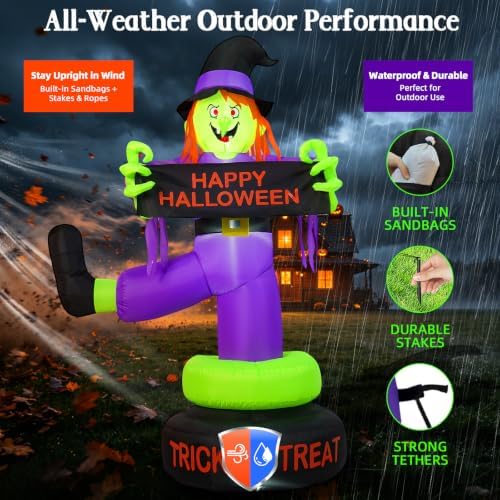 6FT Rotating Halloween Inflatables Outdoor Witch, 360ยฐ Swivel Base Lighted wi...