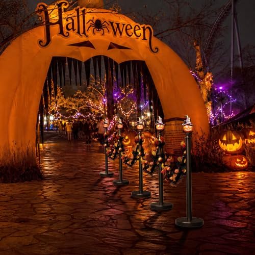 6 Pack Halloween Hat Pumpkin Head Black Stanchions and Velvet Ropes Set, Stai...