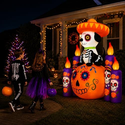 6 FT Halloween Decorations Outdoor Inflatable Dog with Pumpkin and Candles, D...