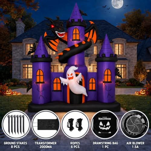 9 FT Giant Halloween Inflatable Haunted Castle with Dragon and Ghost