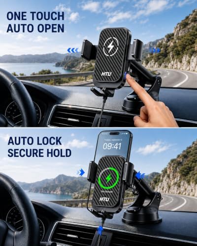 HTU Upgraded 15W Fast Charging Auto-Clamping Wireless Car Charger Mount