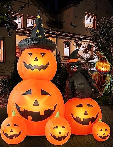 6 FT Halloween Inflatable Outdoor Decor with Ghost Pumpkin and Black Cat