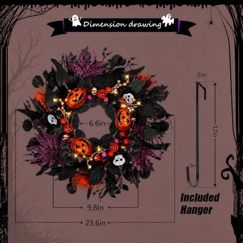 Halloween Wreath for Front Door, 24" Black Gothic Spooky Outdoor Dรฉcor