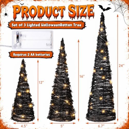 Jenaai 3 Lighted Halloween Rattan Trees 24" 16" 12", Cone Tree...