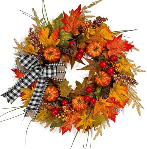24" Fall Maple Leaf Wreath for Front Door with Buffalo Check Bow - Rusti...