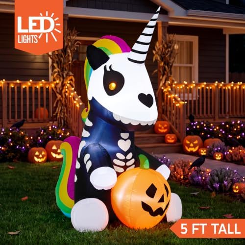 Joiedomi 5 FT Halloween Inflatable Sitting Skeleton Unicorn with LED Lights, ...