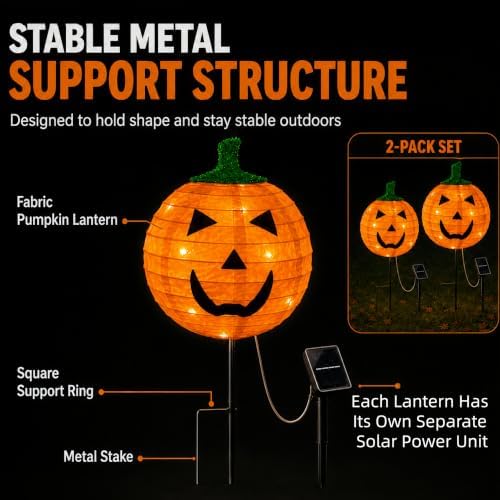 4Pack Solar Halloween Pumpkin Stake Light with 8 Lighting Modes, Fabric Lante...