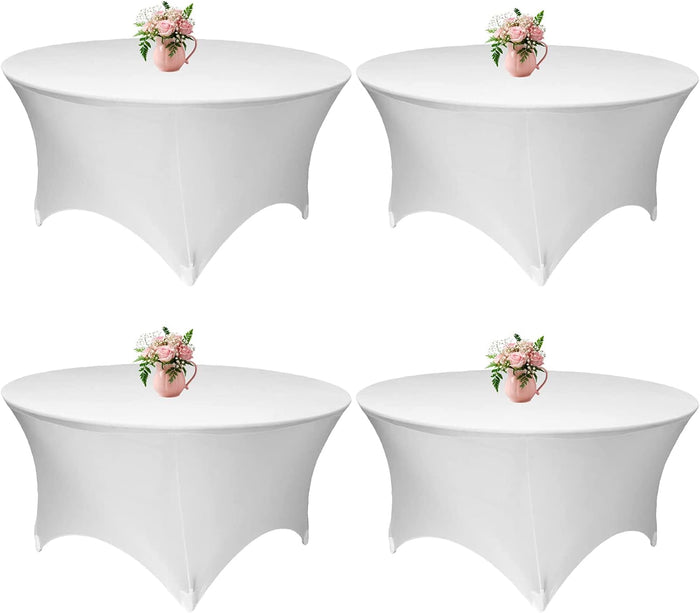 4 Pack 60 Inch White Stretch Table Cover Round - 5FT Spandex Tablecloth Round Fitted Spandex Tablecloth for Wedding Halloween Christmas
