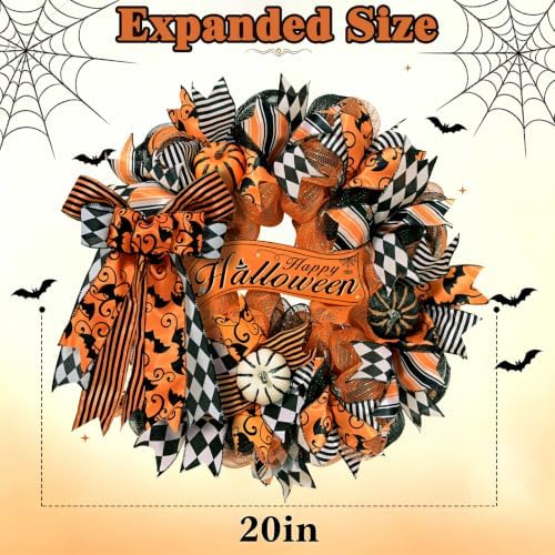 Halloween Wreaths for Front Door, Halloween Wreath with Ribbon Bow