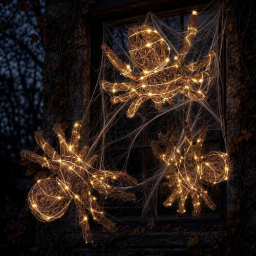 3 Pcs Halloween Rattan Woven Fake Spider Decor with String Lights