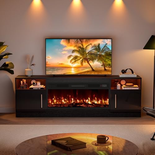 vitesse 70”fireplace tv stand,modern entertainment center heating fireplace, front angle view