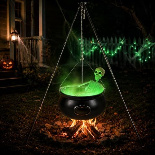 Halloween Decorations Outside - Large Witches Cauldron on Tripod with Skeleto...