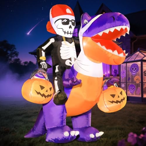 Domkom 6FT Halloween Inflatable Skeleton Riding Dinosaur Outdoor Yard Decor
