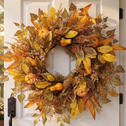 Fall Wreath for Front Door, 26 Inch Artificial Harvest Wreath with Maple Leaves, Farmhouse Autumn Wreath for Thanksgiving Halloween Home Indoor Outdoor Porch Wall Decor