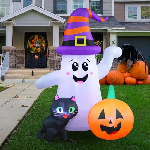 5 FT Halloween Inflatables, Cute Ghost with Pumpkin Black Cat Blow Up