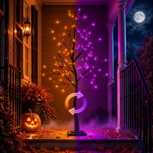 5FT Lighted Halloween Tree, 102 LED Dual Color Black Glitter Tree