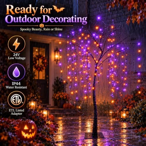 7 FT Halloween Lighted Willow Tree 256 LED Orange and Purple Lights Artificia...