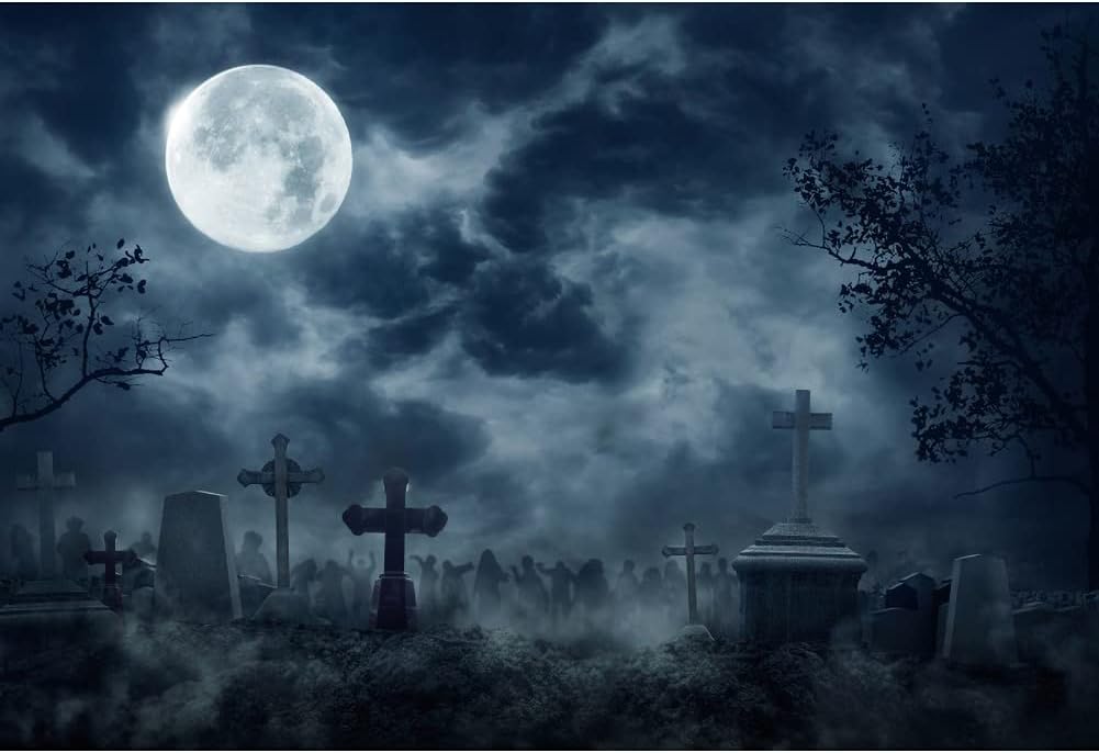12x8ft Polyester Graveyard Scary Halloween Backdrop for Photography Misty Cem...