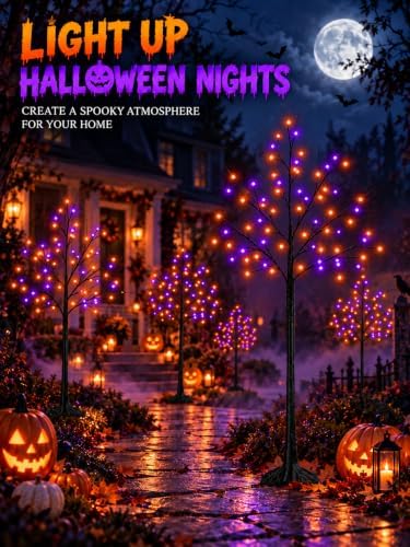 Black Halloween Tree with Purple and Orange Lights, 3Pack 4/5/6FT 300LED