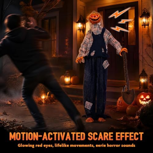 Tangkula 5.3 FT Animated Halloween Standing Pumpkin Scarecrow with Shovel
