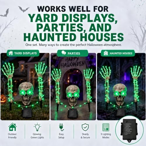 Halloween Decoration Outdoor, 3-Piece Green LED Skeleton Stake Set