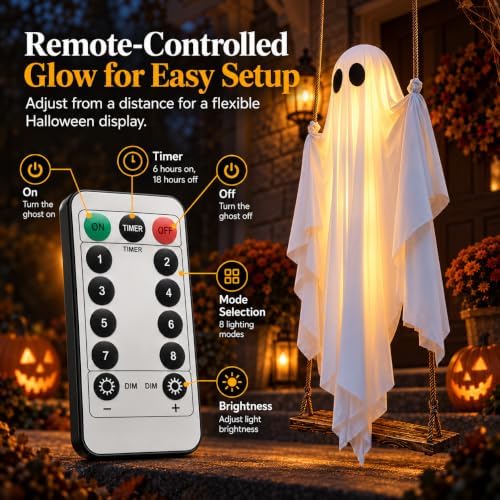 Halloween Hanging Swinging Ghost, 5 FT Light Up Ghost Porch Decor with IP65 R...