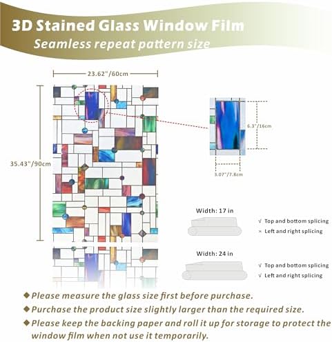 Stained Glass Window Film,16.9" x 78.7" 3D Decorative Static Cling Window Privacy Film,Non-Adhesive UV Blocking Heat Control Window Film (Simple Squares)