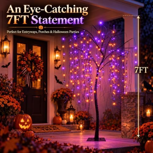 7 FT Halloween Lighted Willow Tree 256 LED Orange and Purple Lights Artificia...