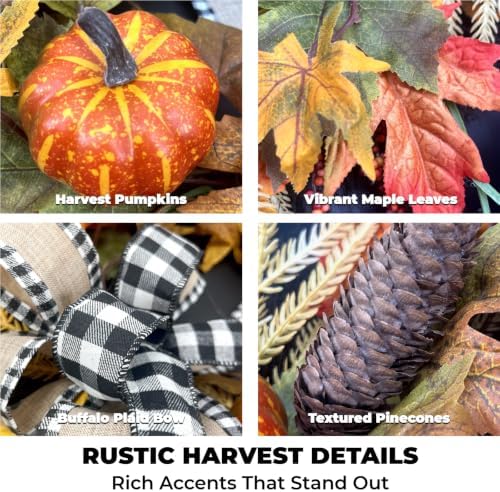 24" Fall Maple Leaf Wreath for Front Door with Buffalo Check Bow - Rusti...