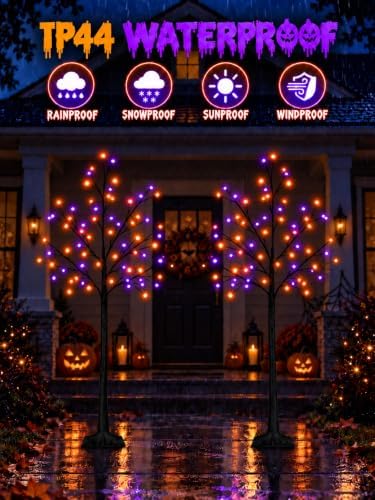 Black Halloween Tree with Purple and Orange Lights, 3Pack 4/5/6FT 300LED