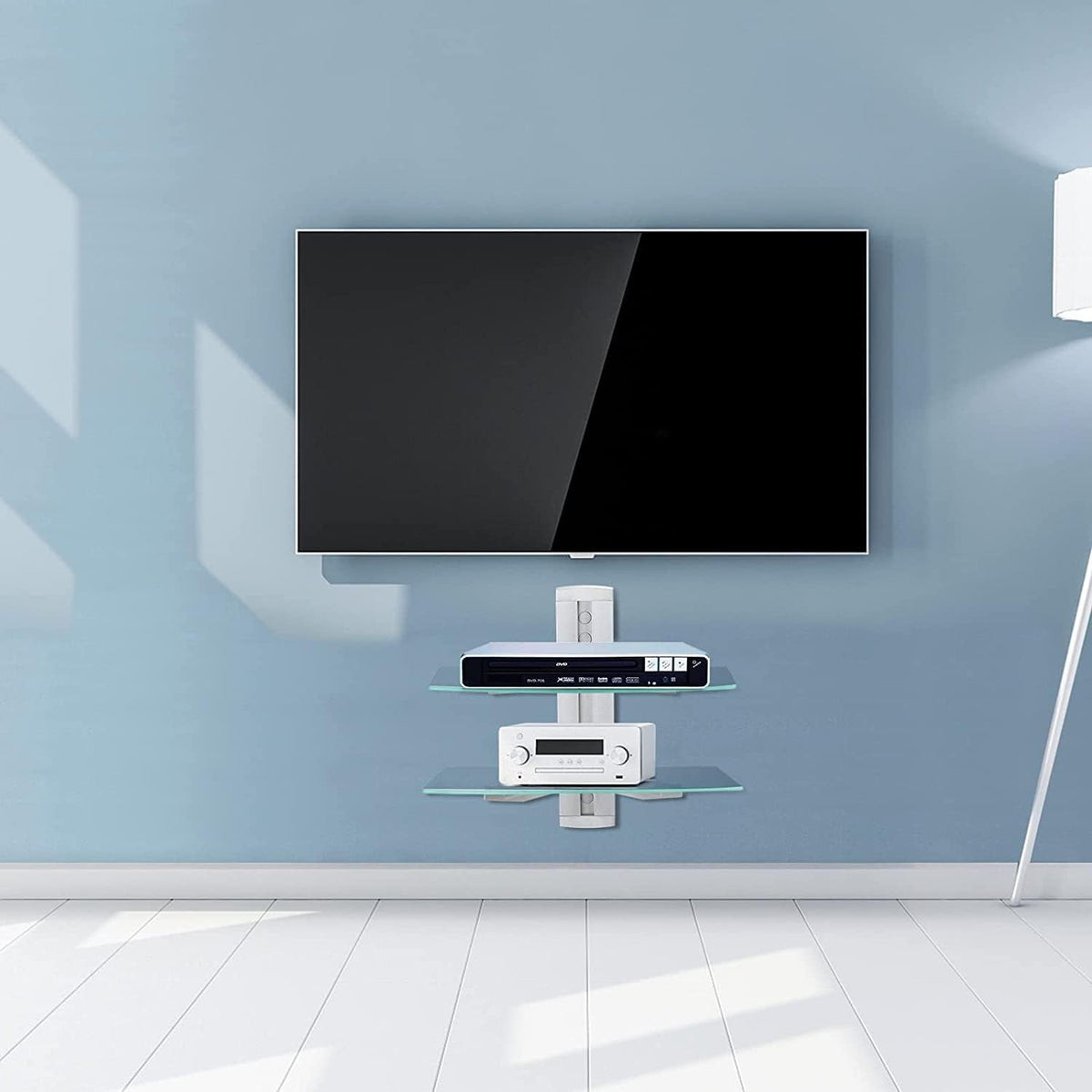suptek 2 Tiers Glass Floating Shelves, Flat Black Wall Mount Bracket, AV Shel...