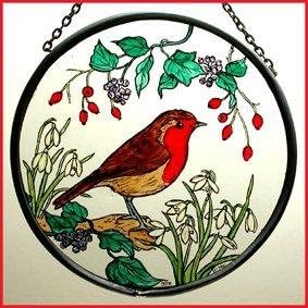 Winged Heart Decorative Hand Printed Stained Glass Window Sun Catcher/Roundel in a Robin in Snowdrops Design