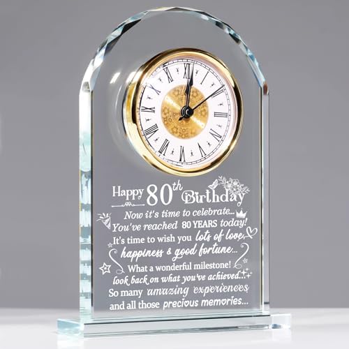 Happy 80th Birthday for Women, Men, Parents, 80 Year Old Glass Quartz Clock | 80th Birthday Gifts for Parents & Grandma, Grandpa, 80 Year Old Birthday Present for Her, Mom, Dad, 80 Year Blessing Keepsake